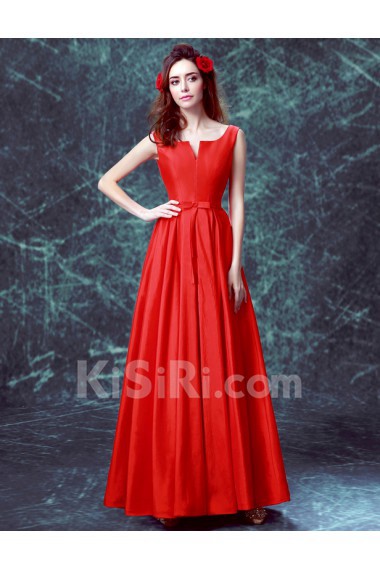 Satin V-neck Floor Length Sleeveless A-line Dress with Bow