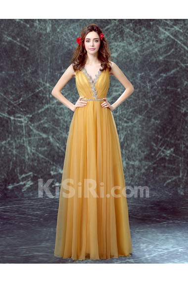 Tulle V-neck Floor Length Sleeveless A-line Dress with Rhinestone