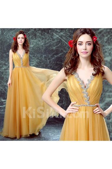 Tulle V-neck Floor Length Sleeveless A-line Dress with Rhinestone