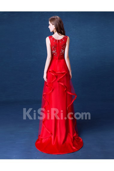 Satin, Tulle Scoop Sweep Train Sleeveless Sheath Dress with Rhinestone