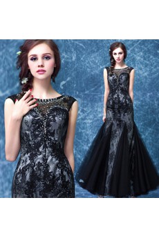 Lace Scoop Floor Length Sleeveless Mermaid Dress with Rhinestone