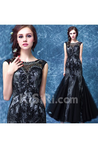 Lace Scoop Floor Length Sleeveless Mermaid Dress with Rhinestone