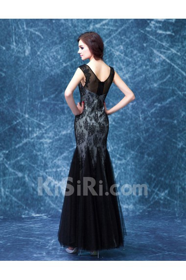 Lace Scoop Floor Length Sleeveless Mermaid Dress with Rhinestone