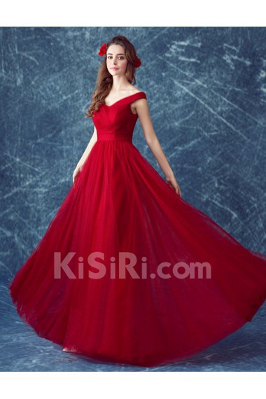 Organza Off-the-Shoulder Floor Length A-line Dress with Ruched