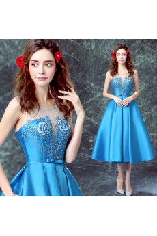 Satin, Organza Scoop Tea-Length Sleeveless A-line Dress with Embroidered, Bow