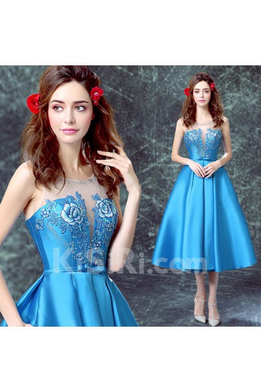 Satin, Organza Scoop Tea-Length Sleeveless A-line Dress with Embroidered, Bow