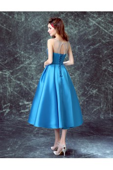 Satin, Organza Scoop Tea-Length Sleeveless A-line Dress with Embroidered, Bow