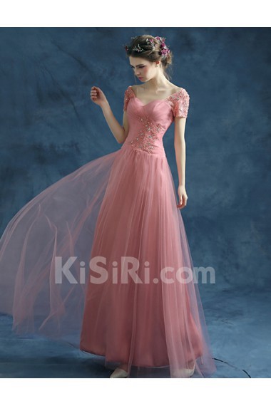 Lace, Tulle Sweetheart Floor Length Short Sleeve A-line Dress with Bead, Rhinestone