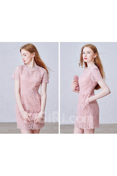 Lace Jewel Mini/Short Short Sleeve Sheath Dress