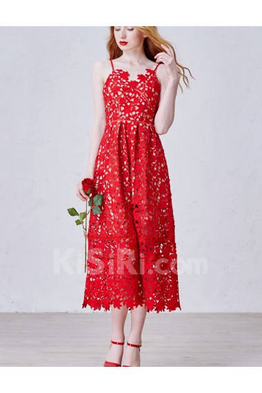 Tulle, Lace Spaghetti Tea-Length Sleeveless A-line Dress