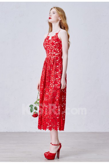 Tulle, Lace Spaghetti Tea-Length Sleeveless A-line Dress