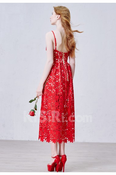 Tulle, Lace Spaghetti Tea-Length Sleeveless A-line Dress