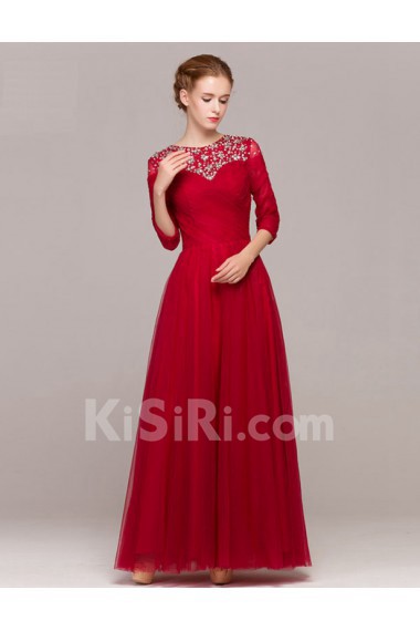 Satin Scoop Floor Length Three-quarter A-line Dress with Rhinestone