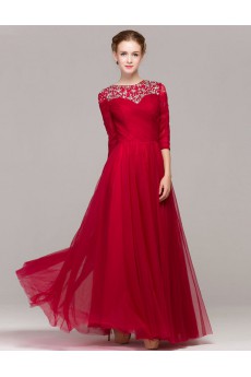 Satin Scoop Floor Length Three-quarter A-line Dress with Rhinestone