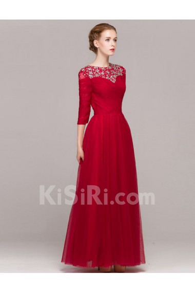 Satin Scoop Floor Length Three-quarter A-line Dress with Rhinestone