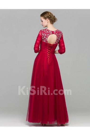 Satin Scoop Floor Length Three-quarter A-line Dress with Rhinestone