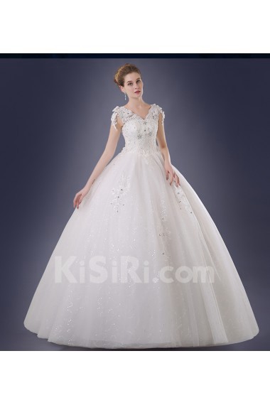 Organza, Lace V-neck Floor Length Cap Sleeve Ball Gown Dress with Rhinestone, Handmade Flower