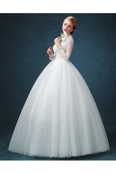 Tulle, Lace Jewel Floor Length Long Sleeve Ball Gown Dress with Bow