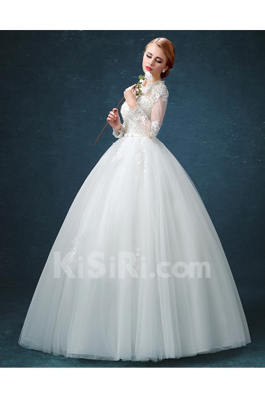 Tulle, Lace Jewel Floor Length Long Sleeve Ball Gown Dress with Bow