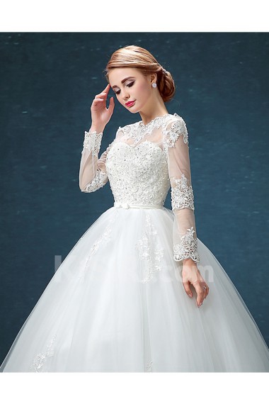 Tulle, Lace Jewel Floor Length Long Sleeve Ball Gown Dress with Bow