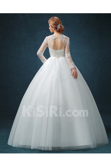 Tulle, Lace Jewel Floor Length Long Sleeve Ball Gown Dress with Bow