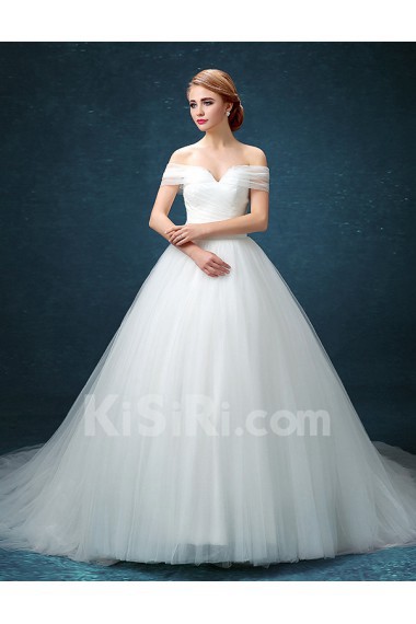 Tulle Off-the-Shoulder Chapel Train Ball Gown Dress with Ruched