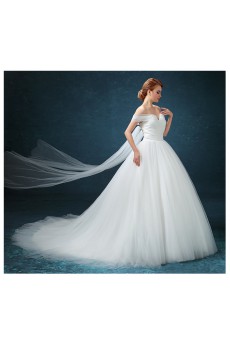 Tulle Off-the-Shoulder Chapel Train Ball Gown Dress with Ruched