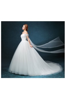 Tulle Off-the-Shoulder Chapel Train Ball Gown Dress with Ruched