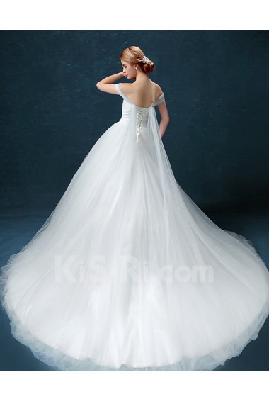 Tulle Off-the-Shoulder Chapel Train Ball Gown Dress with Ruched