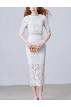 Lace Jewel Tea-Length Half Sleeve Sheath Dress