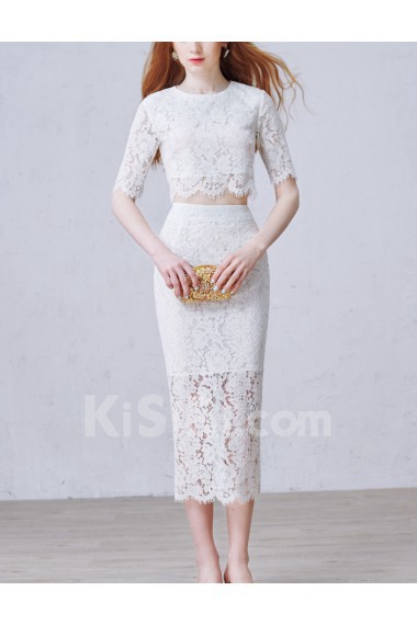 Lace Jewel Tea-Length Half Sleeve Sheath Dress