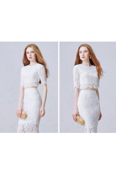 Lace Jewel Tea-Length Half Sleeve Sheath Dress