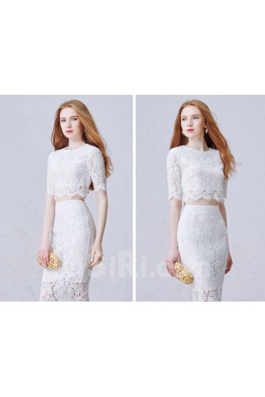 Lace Jewel Tea-Length Half Sleeve Sheath Dress