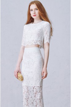 Lace Jewel Tea-Length Half Sleeve Sheath Dress