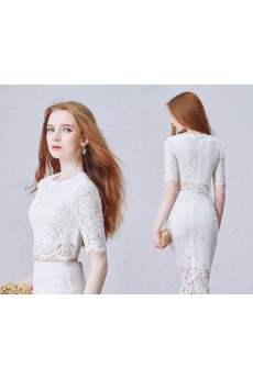 Lace Jewel Tea-Length Half Sleeve Sheath Dress