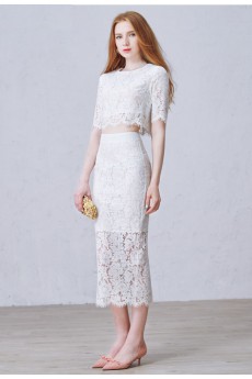 Lace Jewel Tea-Length Half Sleeve Sheath Dress