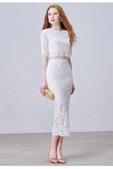 Lace Jewel Tea-Length Half Sleeve Sheath Dress