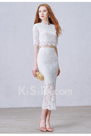 Lace Jewel Tea-Length Half Sleeve Sheath Dress