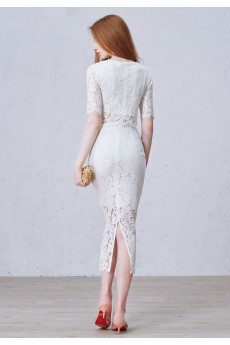 Lace Jewel Tea-Length Half Sleeve Sheath Dress