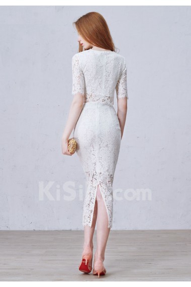 Lace Jewel Tea-Length Half Sleeve Sheath Dress