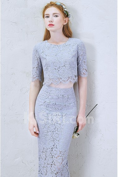 Lace Jewel Tea-Length Half Sleeve Sheath Dress