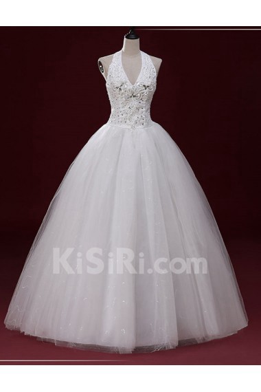 Lace, Tulle Halter Floor Length Sleeveless Ball Gown Dress with Sequins