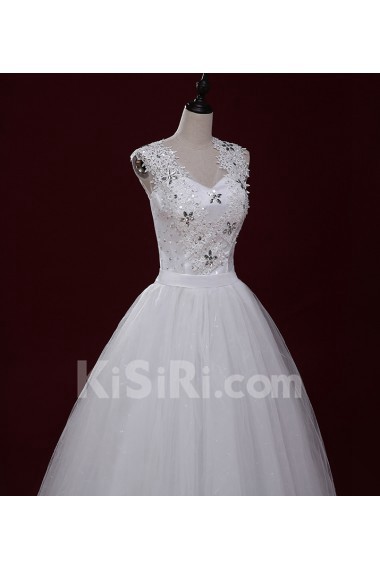 Lace, Tulle V-neck Floor Length Cap Sleeve Ball Gown Dress with Applique, Rhinestone, Sash