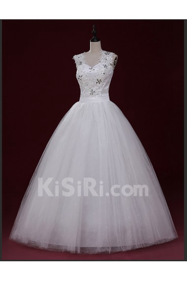 Lace, Tulle V-neck Floor Length Cap Sleeve Ball Gown Dress with Applique, Rhinestone, Sash