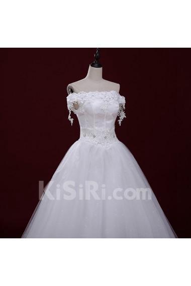 Lace, Tulle Off-the-Shoulder Floor Length Short Sleeve Ball Gown Dress with Handmade Flowers, Rhinestone