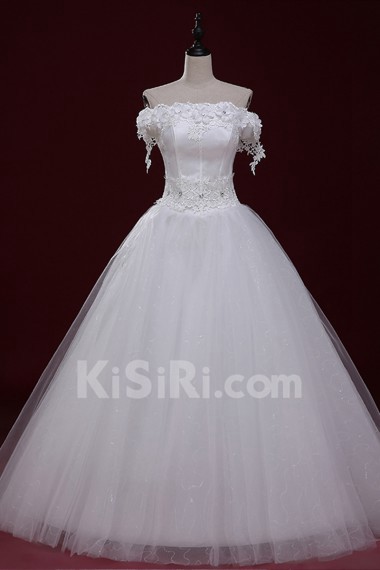 Lace, Tulle Off-the-Shoulder Floor Length Short Sleeve Ball Gown Dress with Handmade Flowers, Rhinestone