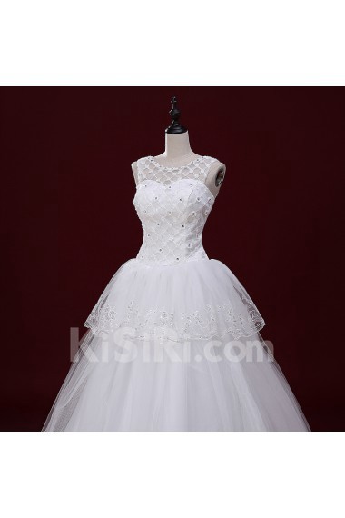 Tulle Scoop Floor Length Sleeveless Ball Gown Dress with Handmade Flowers, Rhinestone