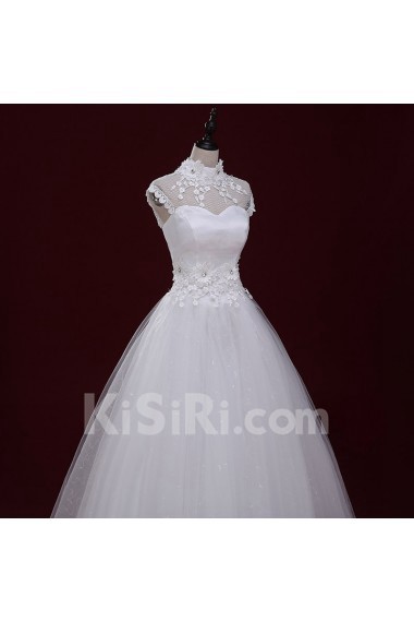 Lace, Tulle High Collar Floor Length Cap Sleeve Ball Gown Dress with Handmade Flowers, Rhinestone