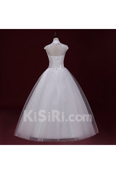 Lace, Tulle High Collar Floor Length Cap Sleeve Ball Gown Dress with Handmade Flowers, Rhinestone