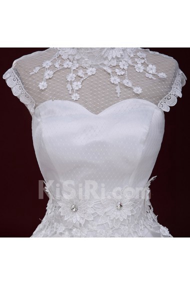 Lace, Tulle High Collar Floor Length Cap Sleeve Ball Gown Dress with Handmade Flowers, Rhinestone